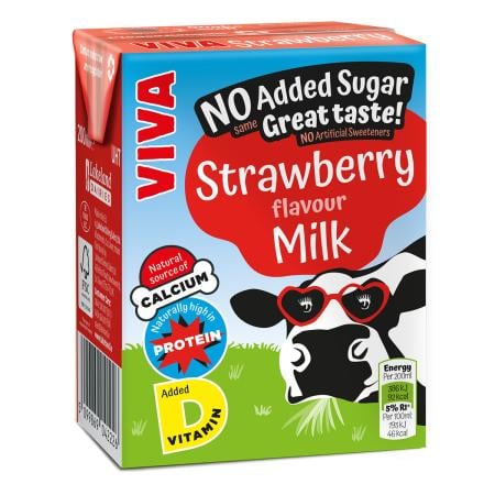 VIVA Strawberry Flavoured Milk (12 x 200ml) No Added Sugar